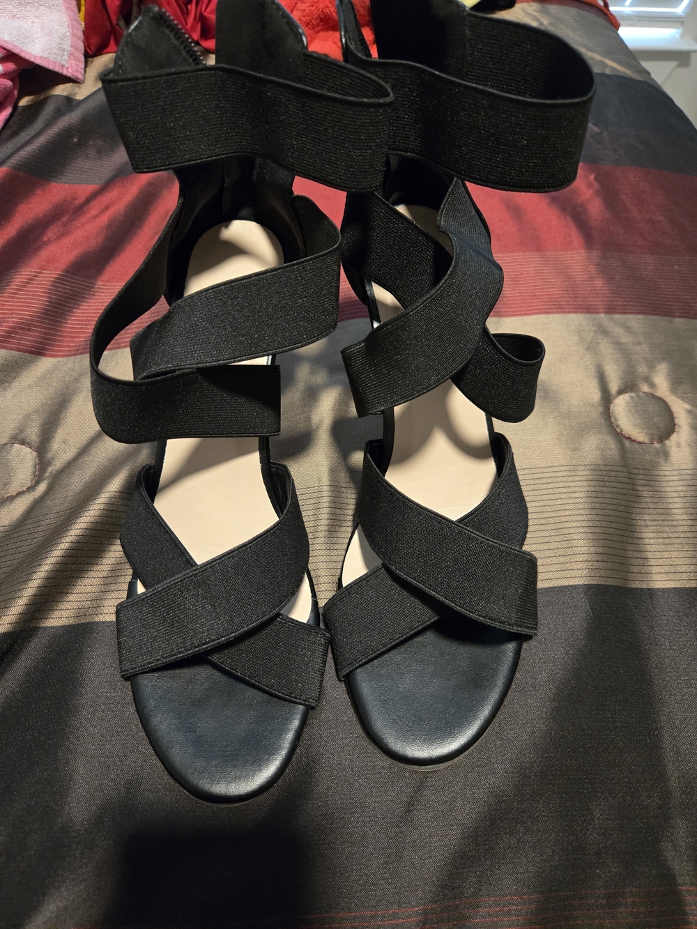 Black Strappy Elastic Gladiator Sandals - Women's